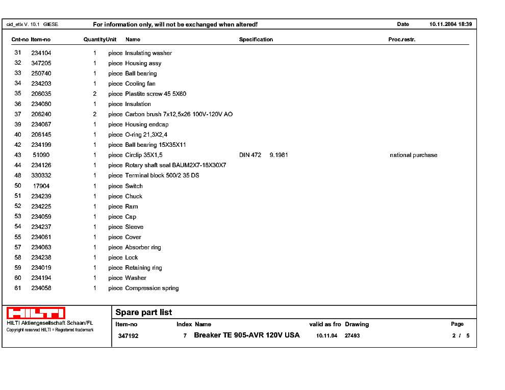 hilti te 500 avr parts diagram