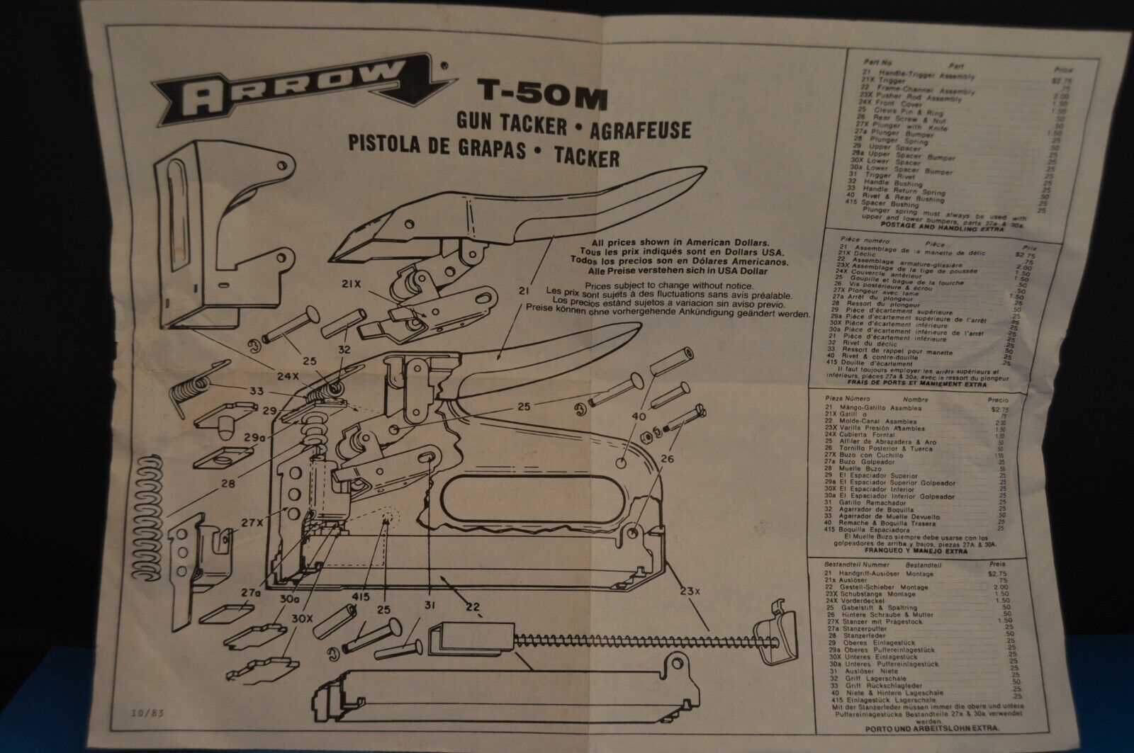 arrow t50acd parts diagram