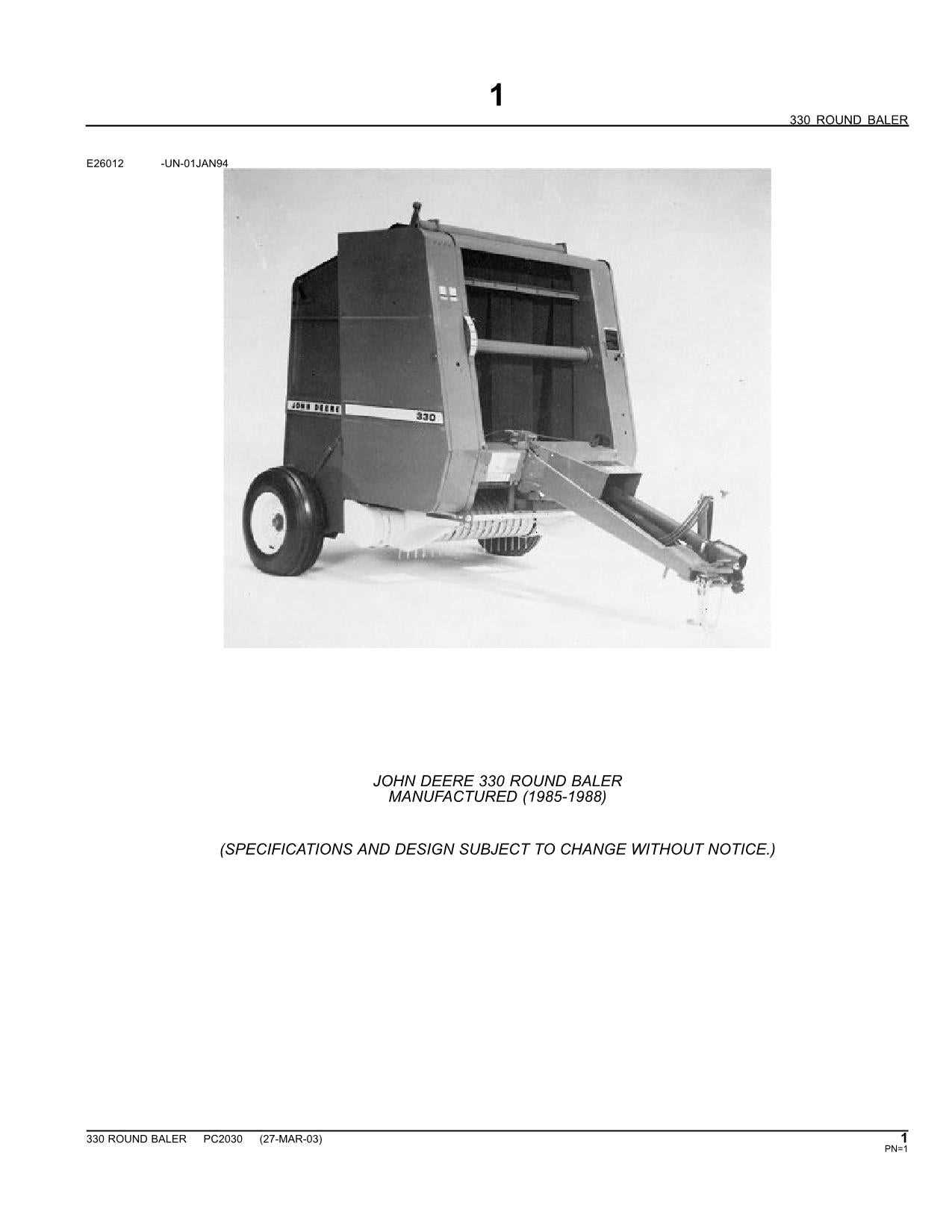 john deere 330 baler parts diagram