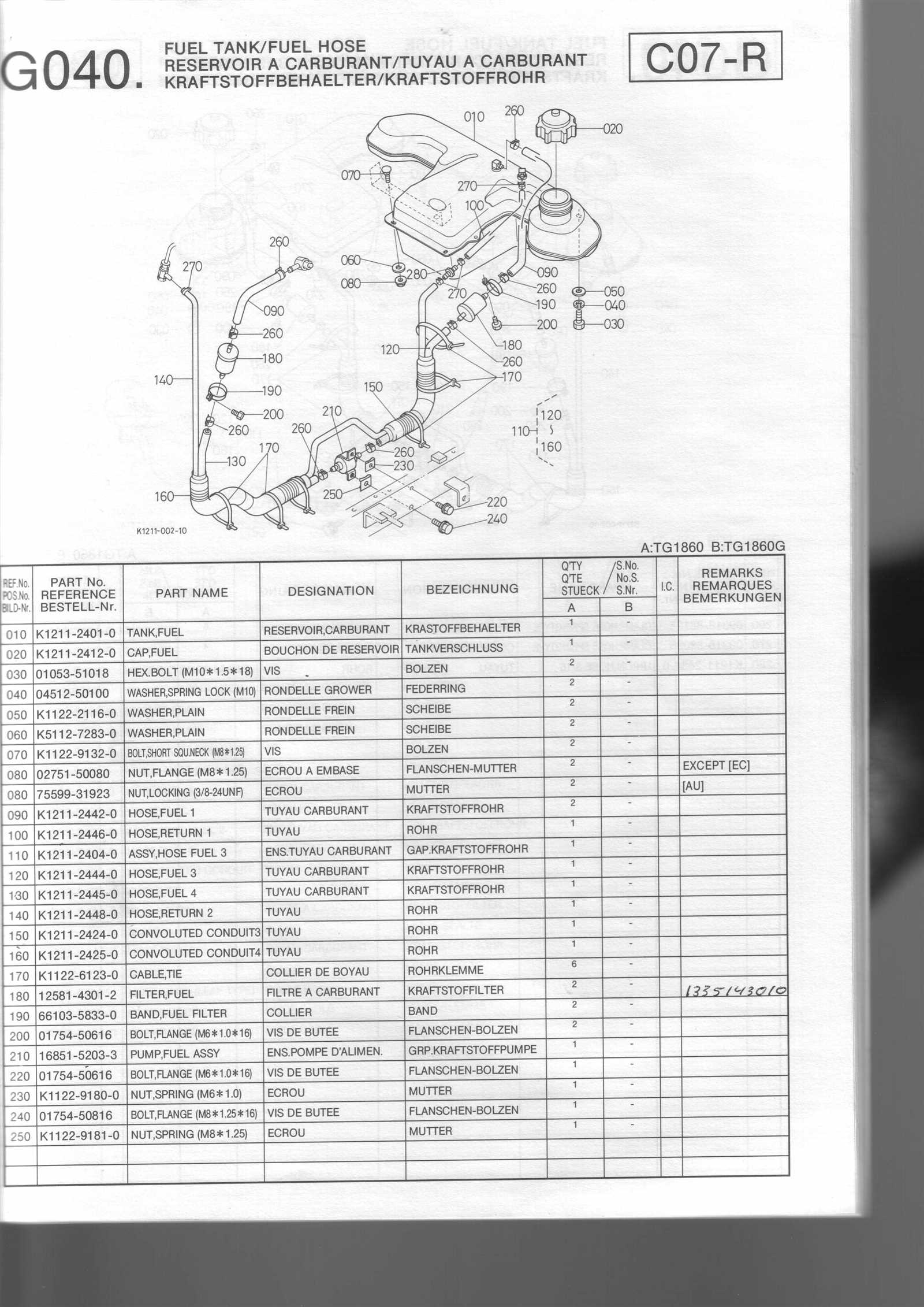 kubota tg1860g parts diagram