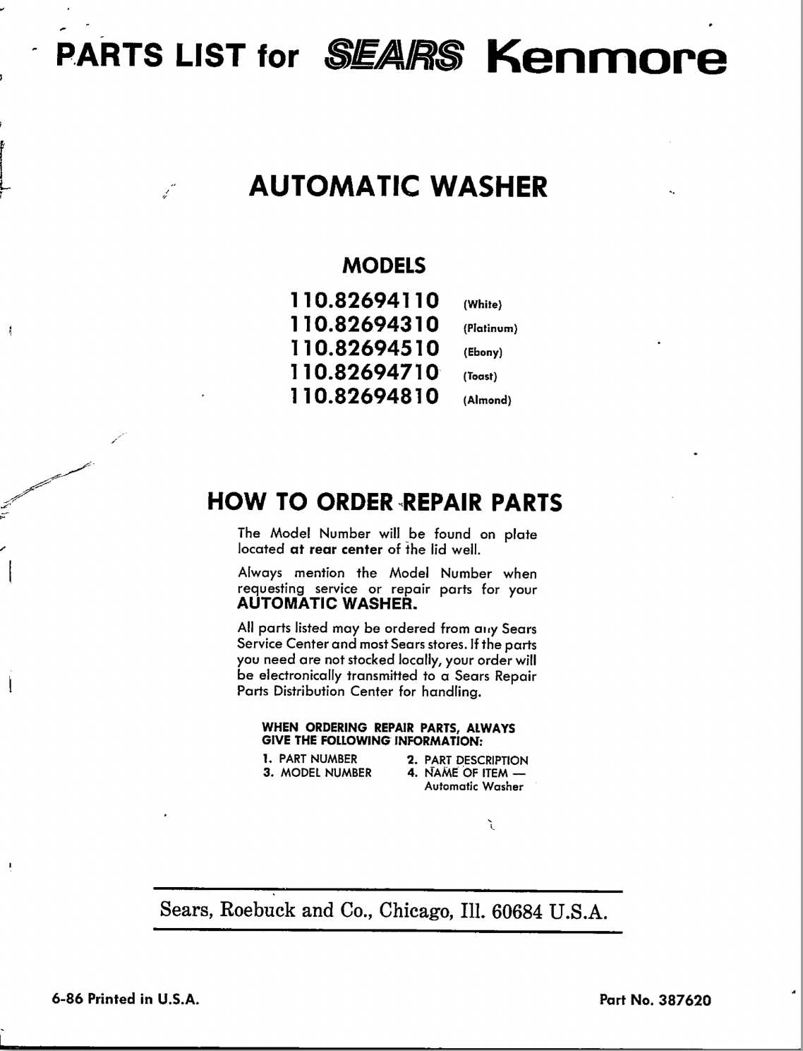 kenmore model 110 washer parts diagram