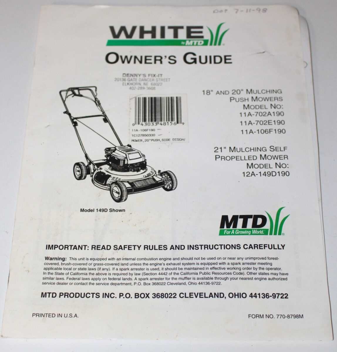 mtd push mower parts diagram